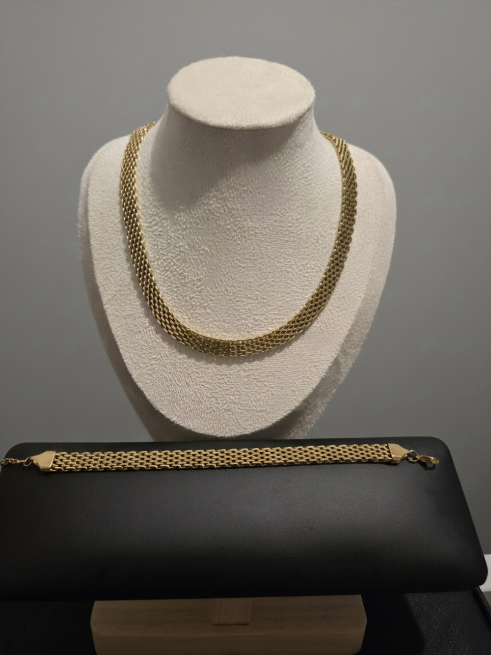 Gold Tone Mesh Chain Necklace and Bracelet Set